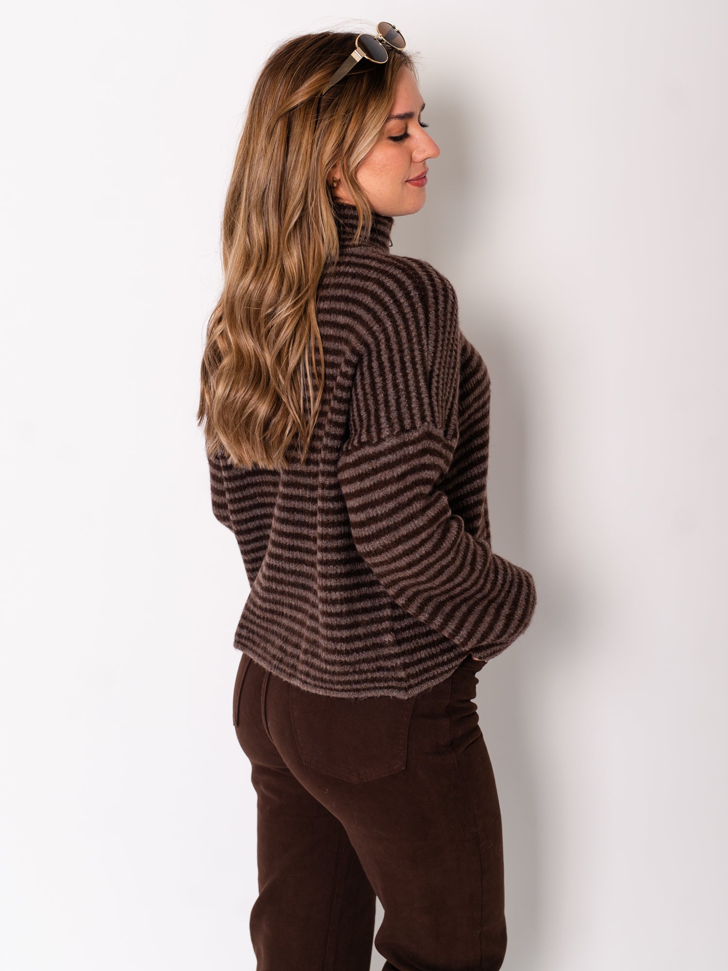 Zip Up Streifen Cardigan - Dunkelbraun