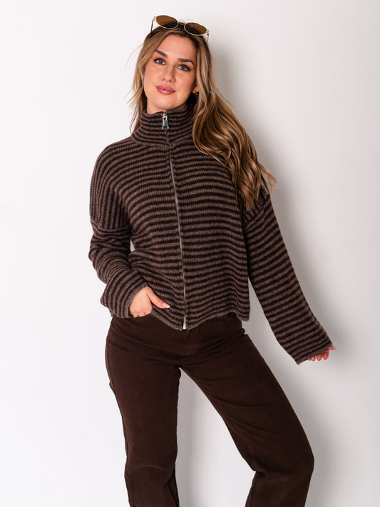 Zip Up Streifen Cardigan - Dunkelbraun