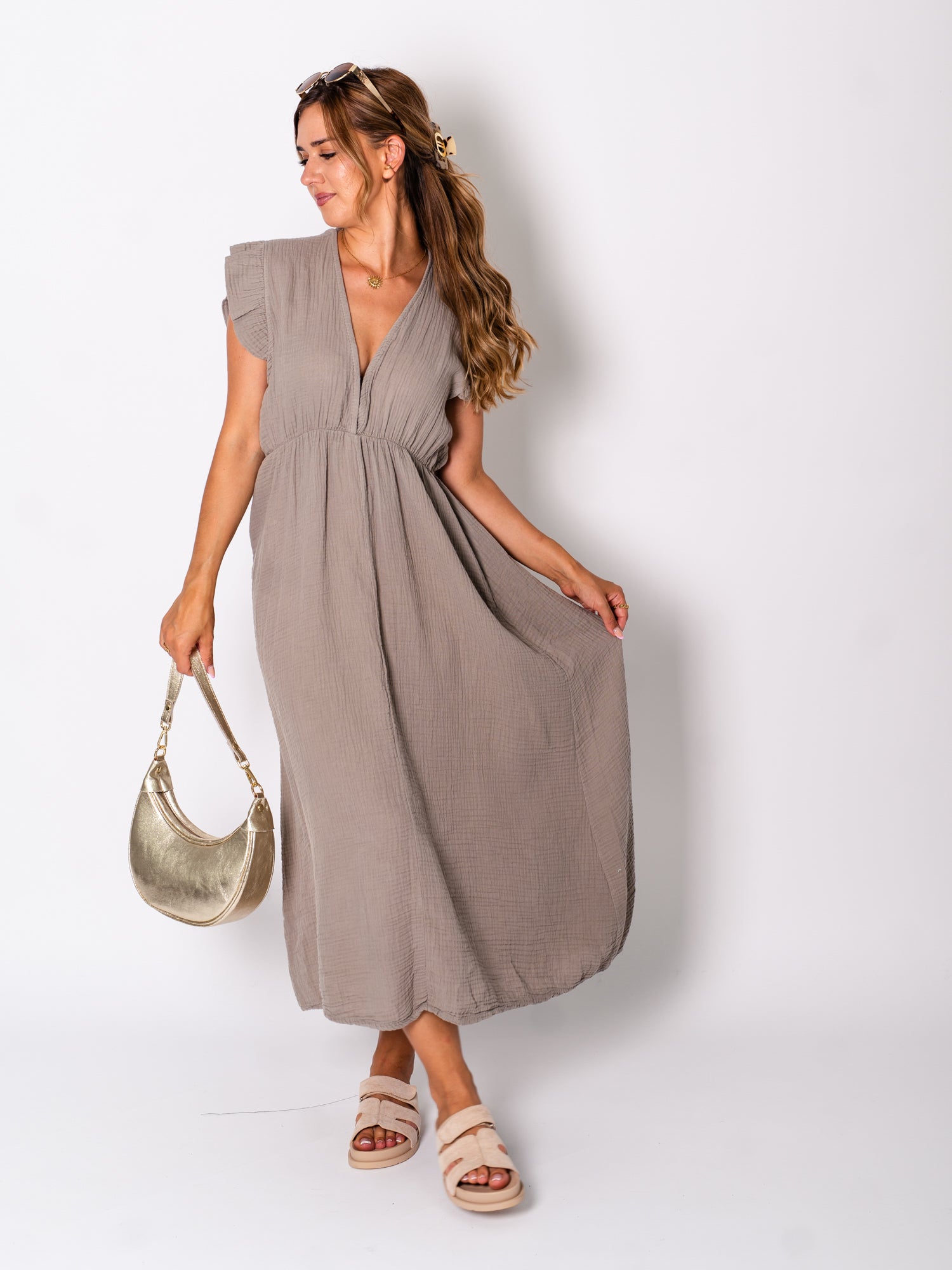 Leonora Musselin Kleid -  Taupe