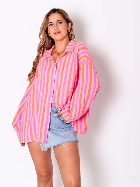 Midi Streifen Musselin Bluse - Orange/Pink