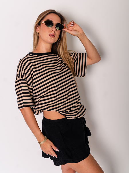Streifen T-Shirt - Schwarz/Beige