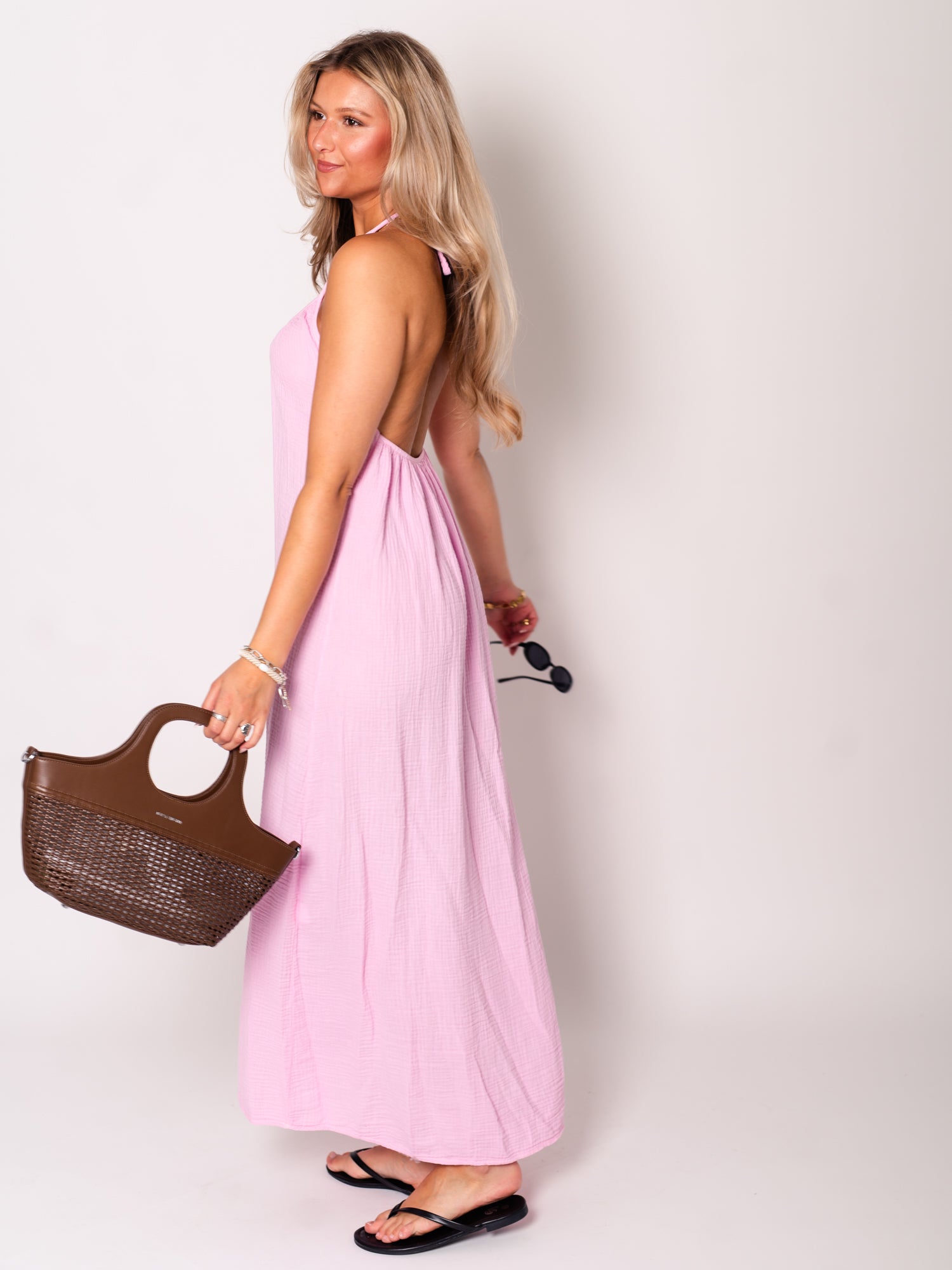 Oceane Neckholder Musselin Kleid - Rosa