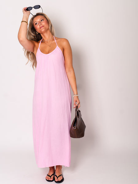 Oceane Neckholder Musselin Kleid - Rosa
