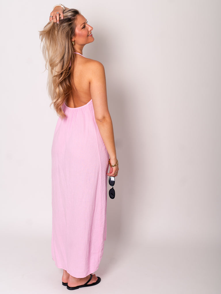Oceane Neckholder Musselin Kleid - Rosa