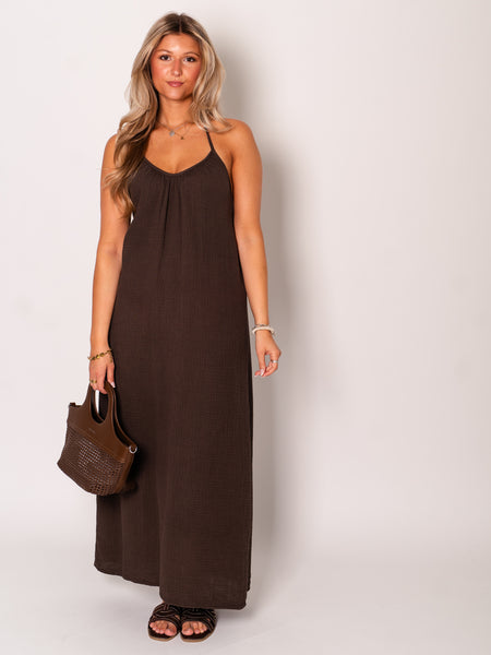 Oceane Neckholder Musselin Kleid - Espresso