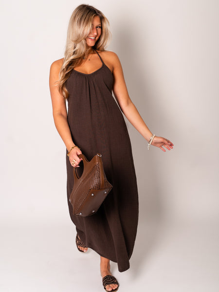 Oceane Neckholder Musselin Kleid - Espresso