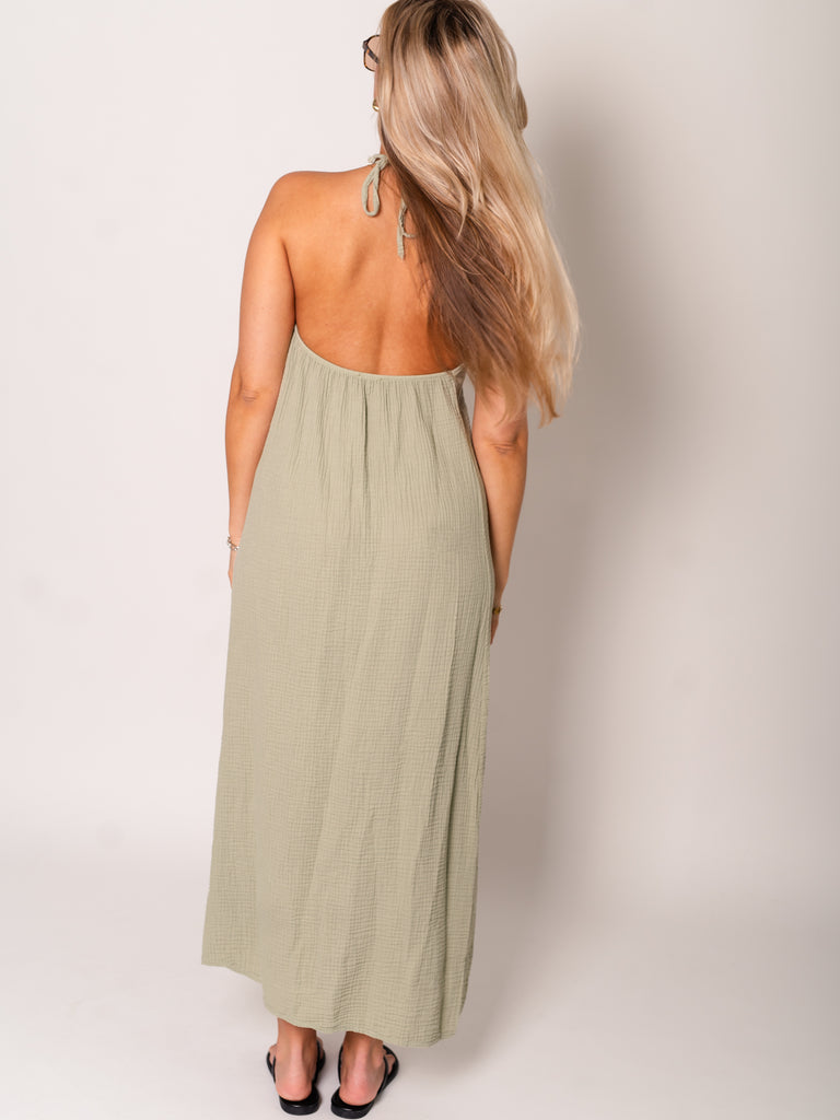 Oceane Neckholder Musselin Kleid -  Salbei