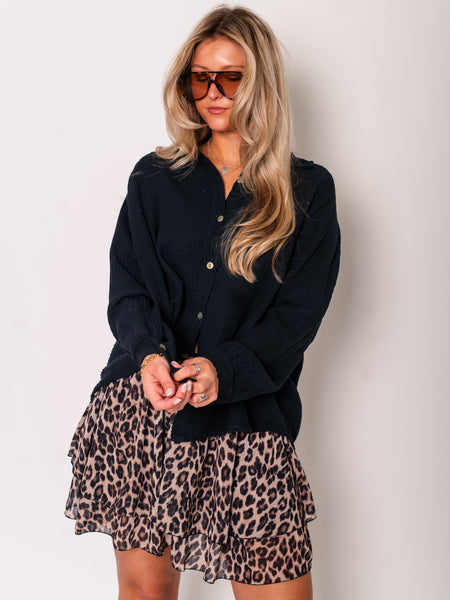 Midi Waffle Bluse - Schwarz
