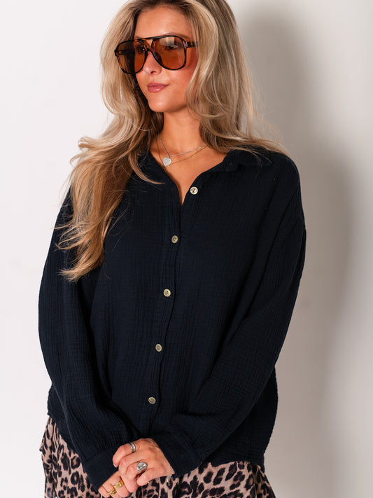 Midi Waffle Bluse - Schwarz