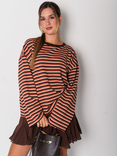 Streifen Longsleeve - Terrakotta/Espresso/Beige
