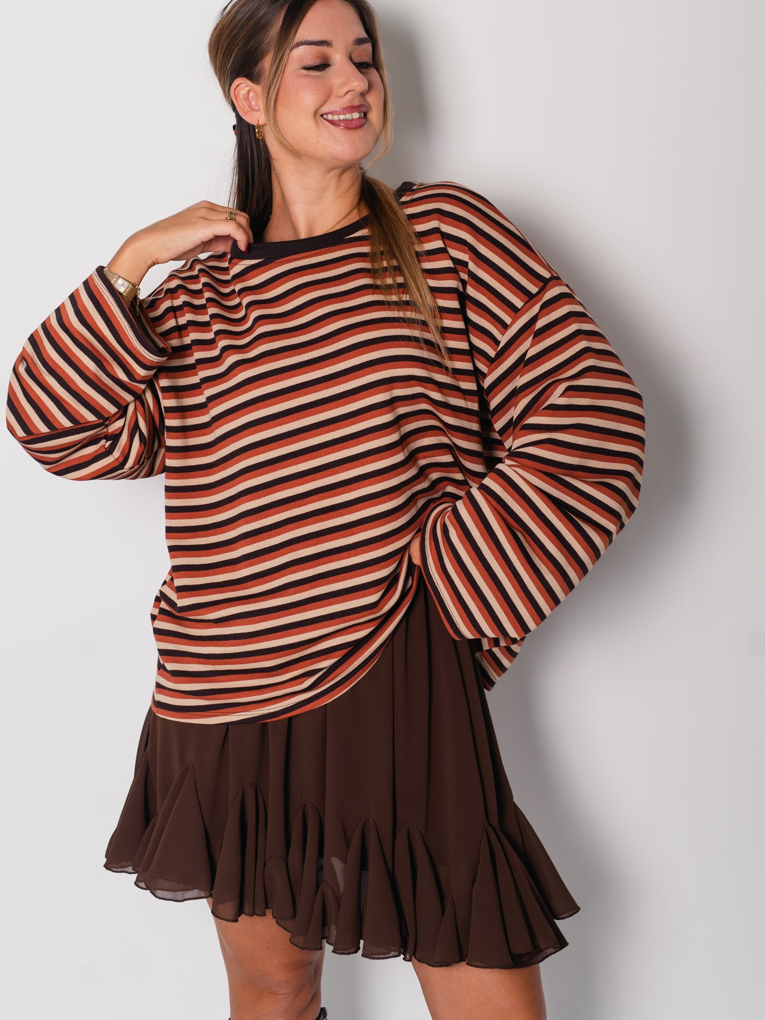 Streifen Longsleeve - Terrakotta/Espresso/Beige