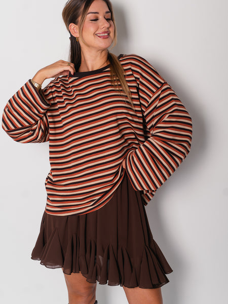 Streifen Longsleeve - Terrakotta/Espresso/Beige