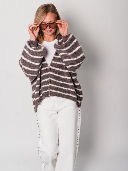 Oversize Zipper Strickjacke -  Streifen/Coffee/Creme