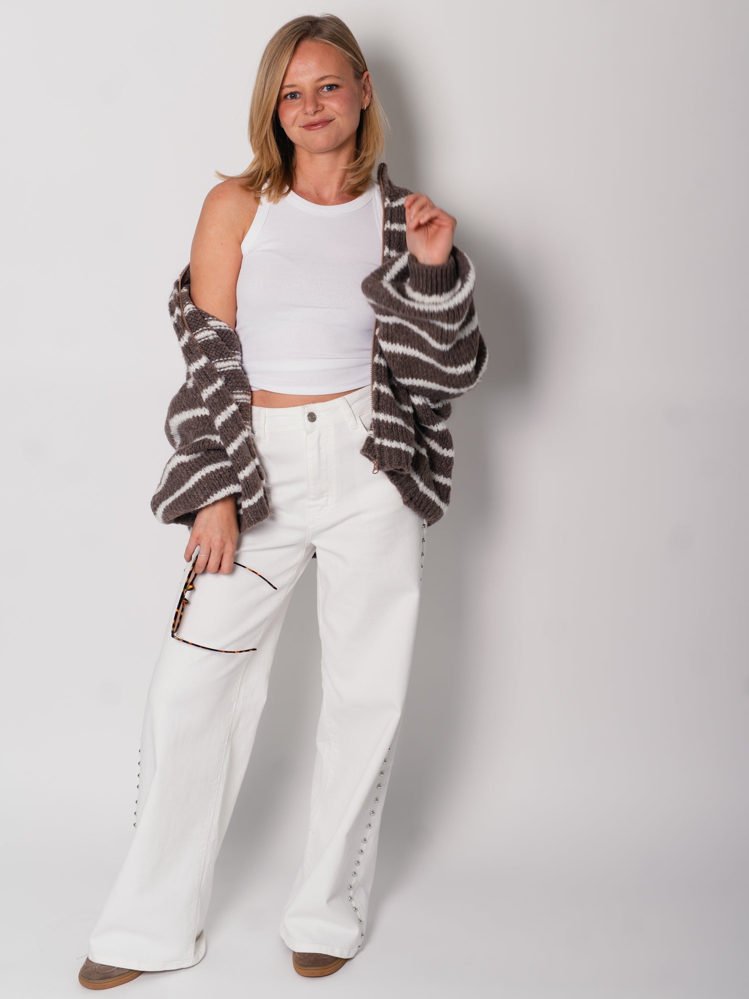 Oversize Zipper Strickjacke -  Streifen/Coffee/Creme