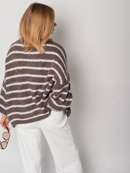 Oversize Zipper Strickjacke -  Streifen/Coffee/Creme