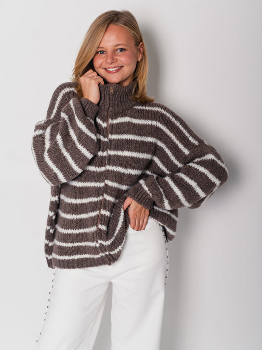 Oversize Zipper Strickjacke -  Streifen/Coffee/Creme