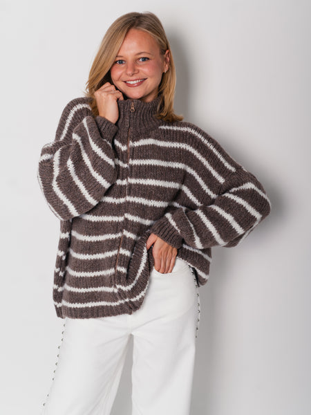 Oversize Zipper Strickjacke -  Streifen/Coffee/Creme