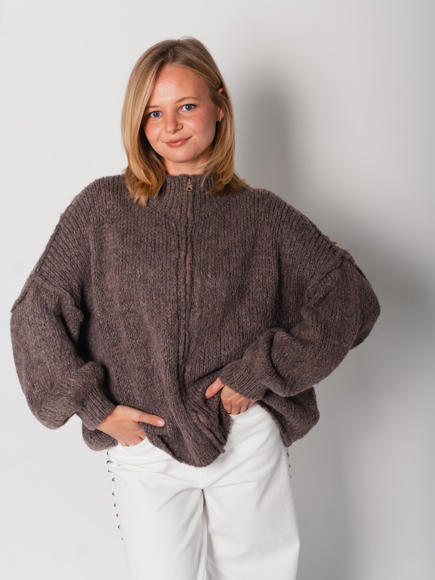 Oversize Zipper Strickjacke -  Coffee