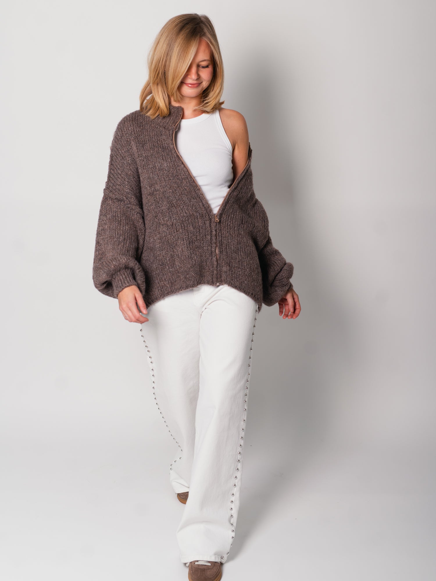 Oversize Zipper Strickjacke -  Coffee