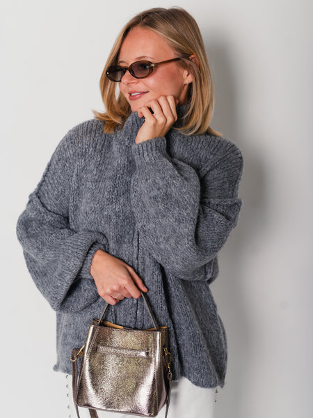 Oversize Zipper Strickjacke -  Dunkelgrau