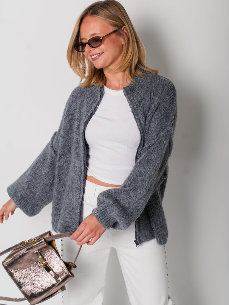 Oversize Zipper Strickjacke -  Dunkelgrau
