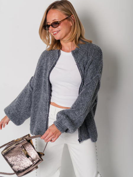 Oversize Zipper Strickjacke -  Dunkelgrau