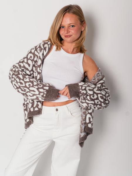 Leo Oversize Zipper Strickjacke -  Leo/Coffee/Weiß