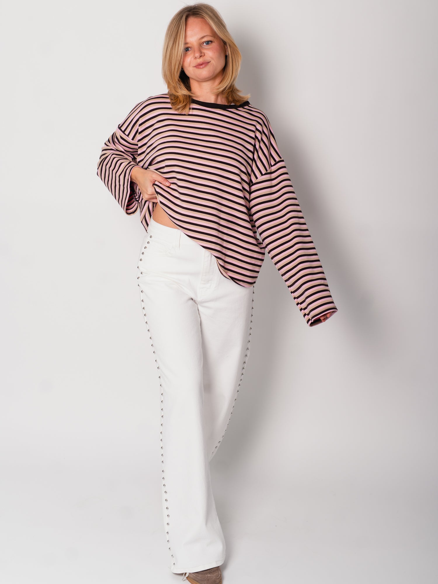 Streifen Longsleeve - Espresso/Rosa/Beige