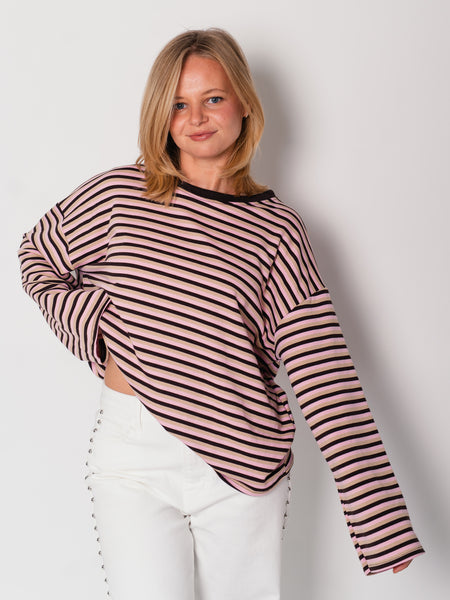 Streifen Longsleeve - Espresso/Rosa/Beige
