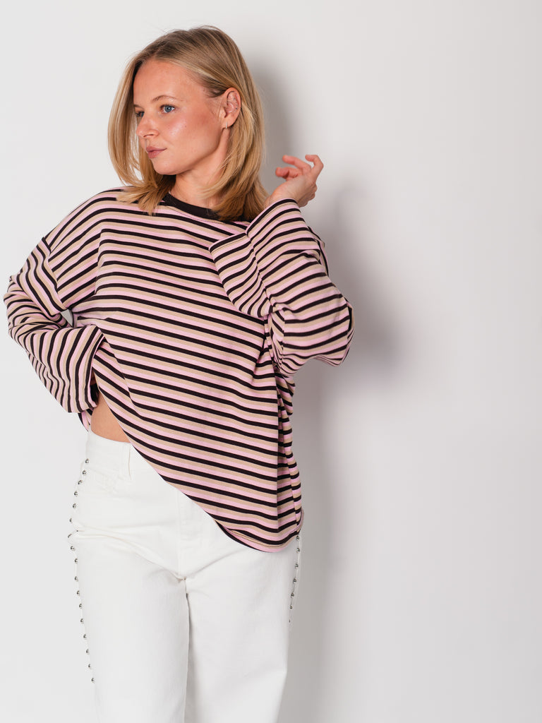 Streifen Longsleeve - Espresso/Rosa/Beige