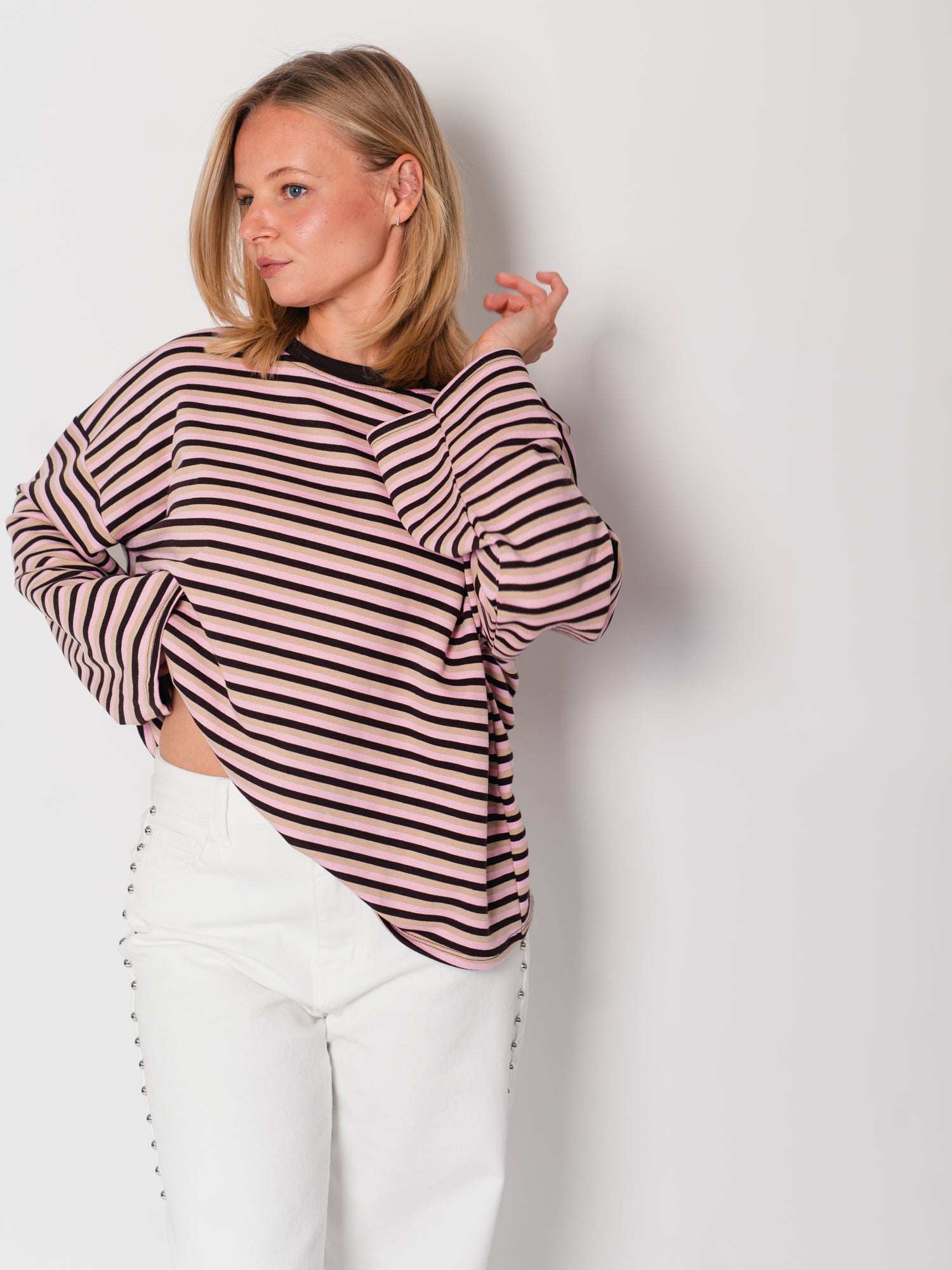 Streifen Longsleeve - Espresso/Rosa/Beige