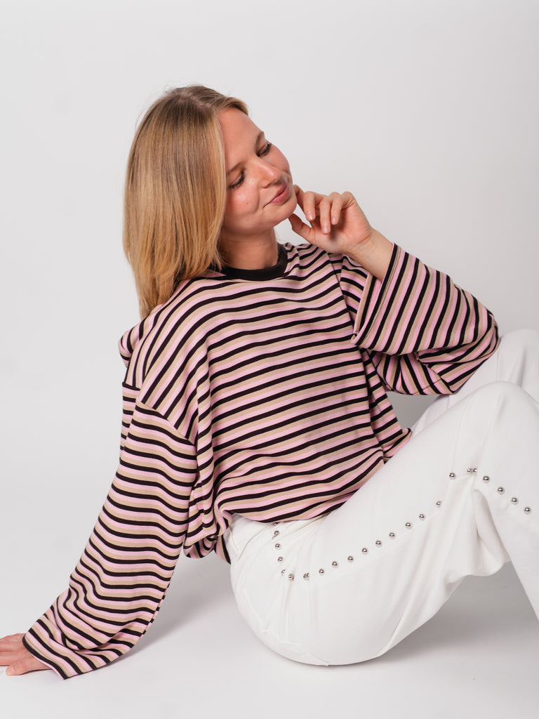 Streifen Longsleeve - Espresso/Rosa/Beige