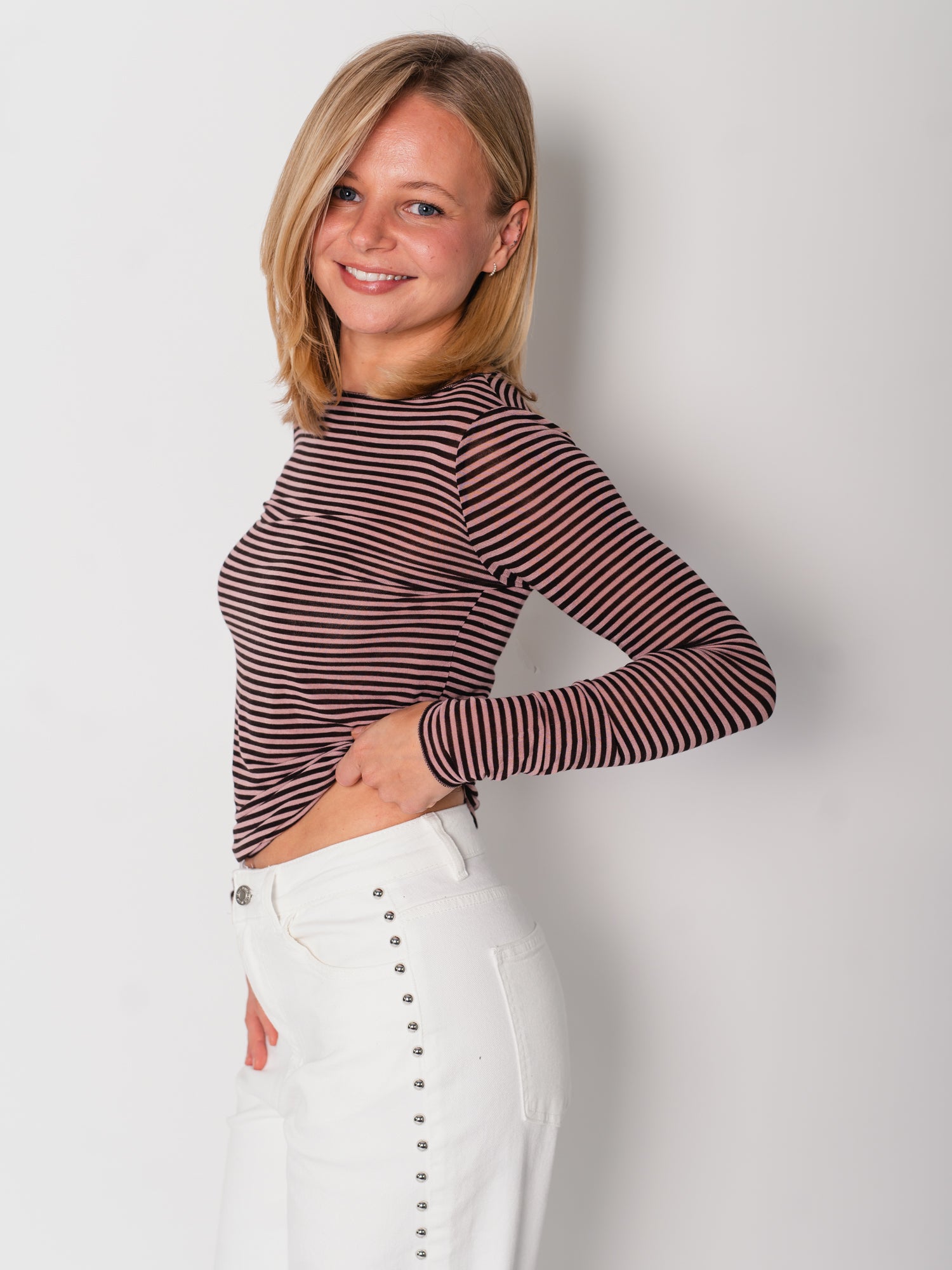 Streifen Cashmere Longsleeve - Espresso/Rosa
