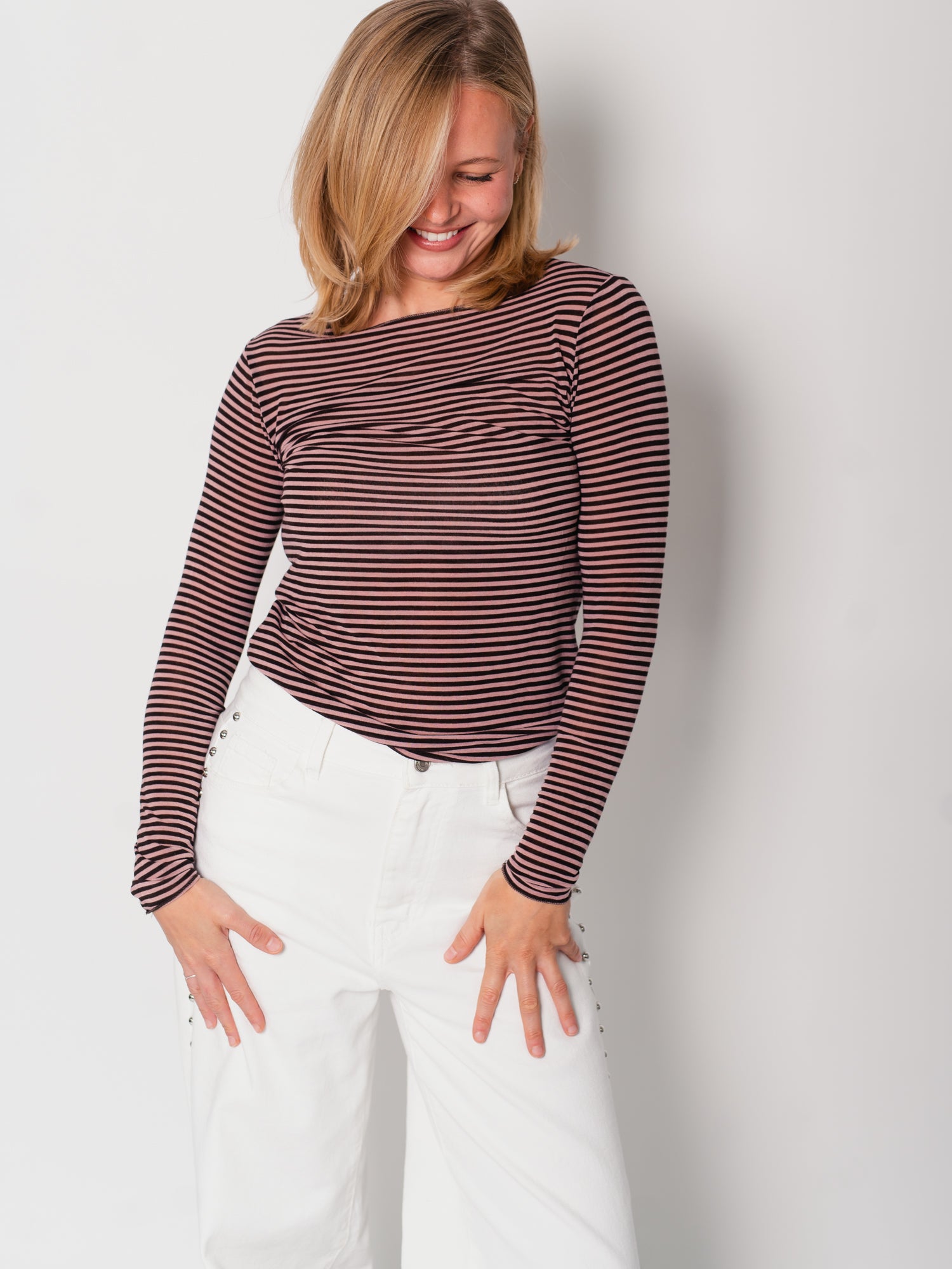 Streifen Cashmere Longsleeve - Espresso/Rosa