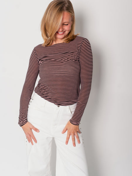 Streifen Cashmere Longsleeve - Espresso/Rosa