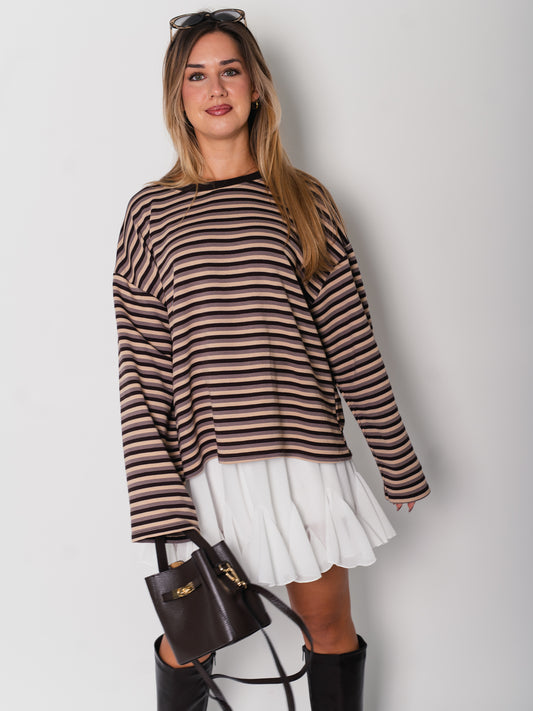 Streifen Longsleeve - Espresso/Beige/Taupe
