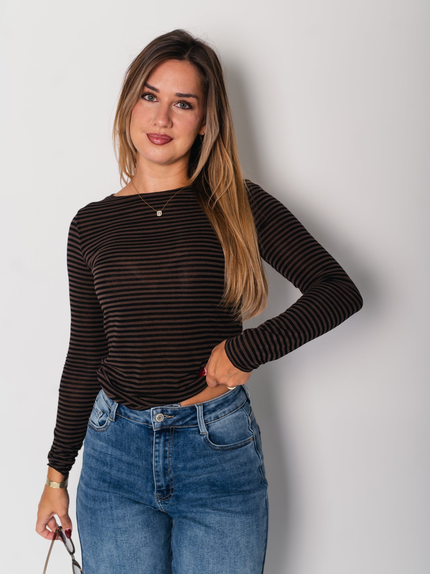 Streifen Cashmere Longsleeve - Schwarz/Braun