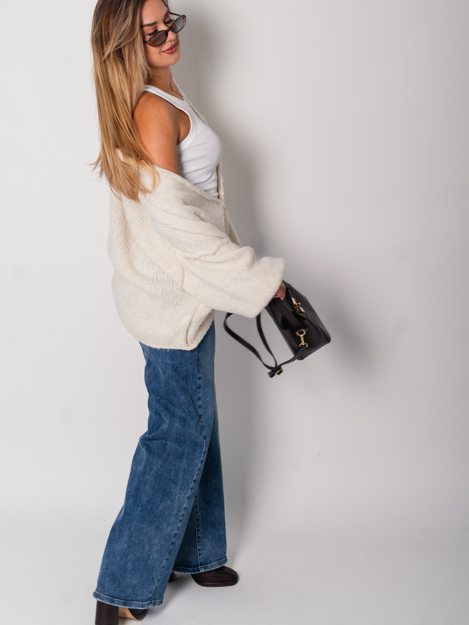 Oversize Zipper Strickjacke -  Beige