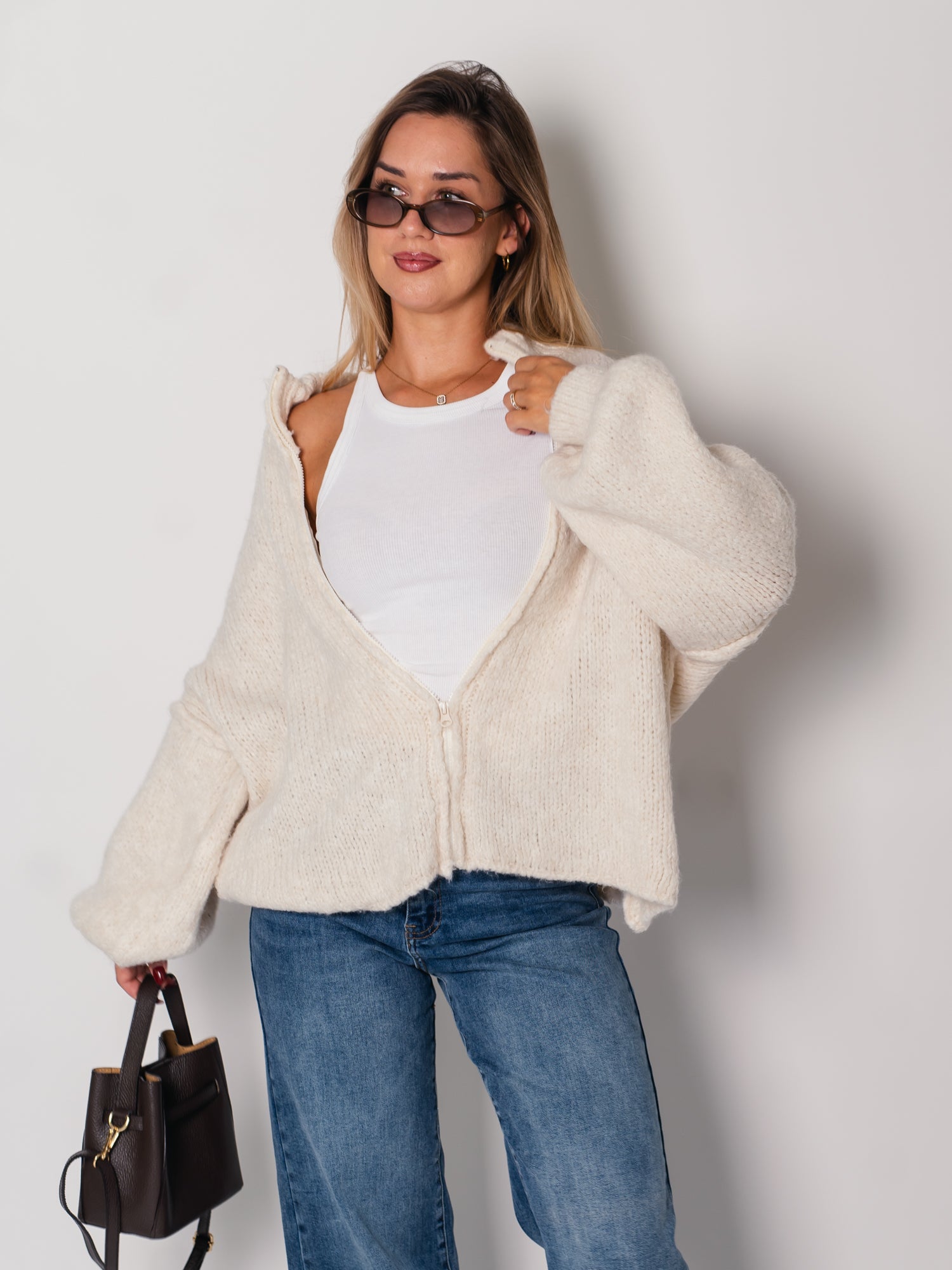 Oversize Zipper Strickjacke -  Beige