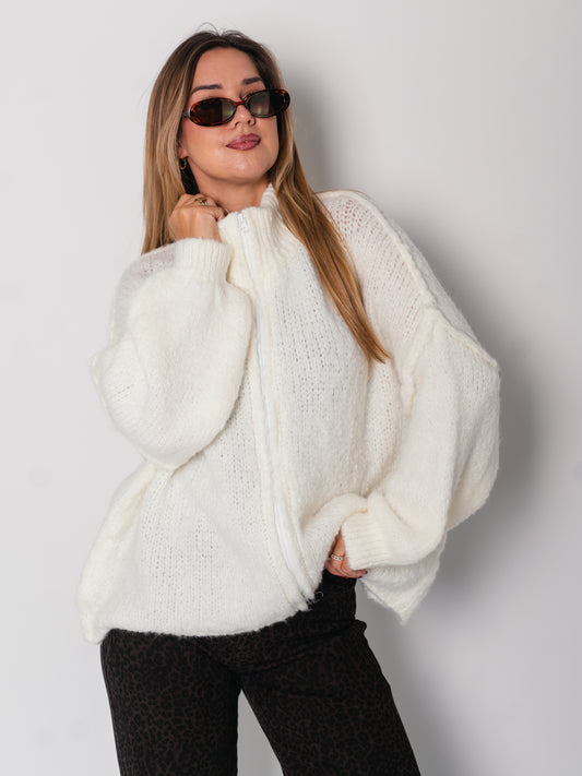 Oversize Zipper Strickjacke -  Weiß