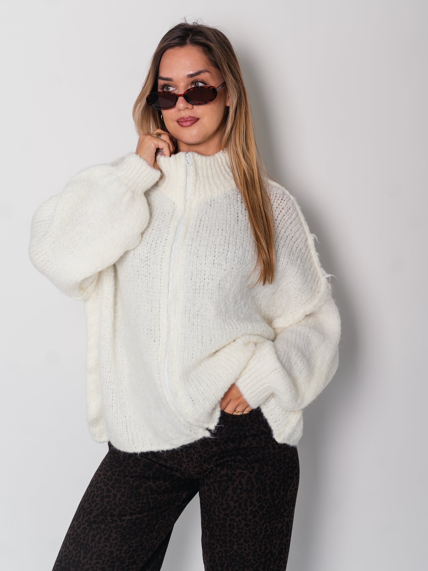 Oversize Zipper Strickjacke -  Weiß