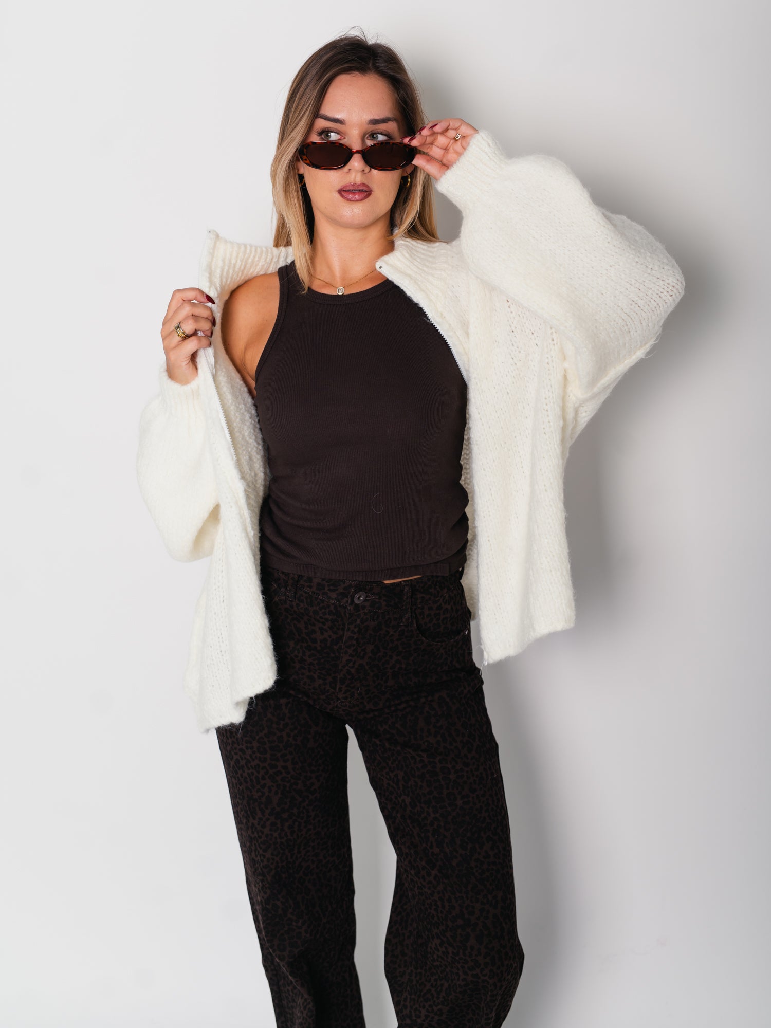 Oversize Zipper Strickjacke -  Weiß