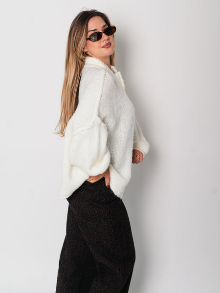 Oversize Zipper Strickjacke -  Weiß
