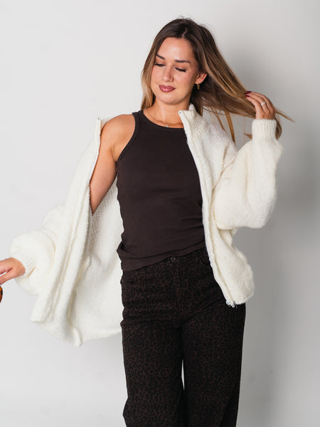 Oversize Zipper Strickjacke -  Weiß