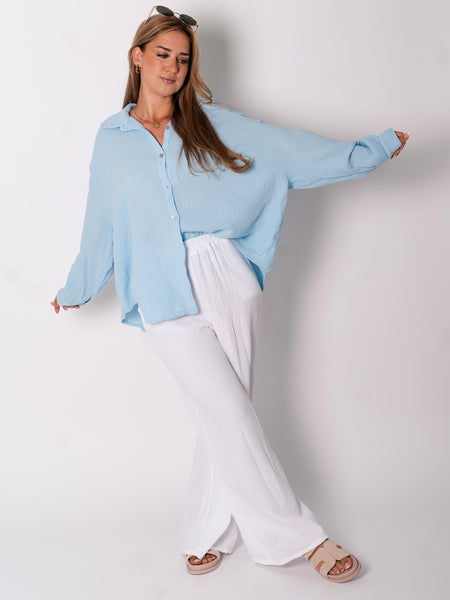 Midi Waffle Bluse - Hellblau