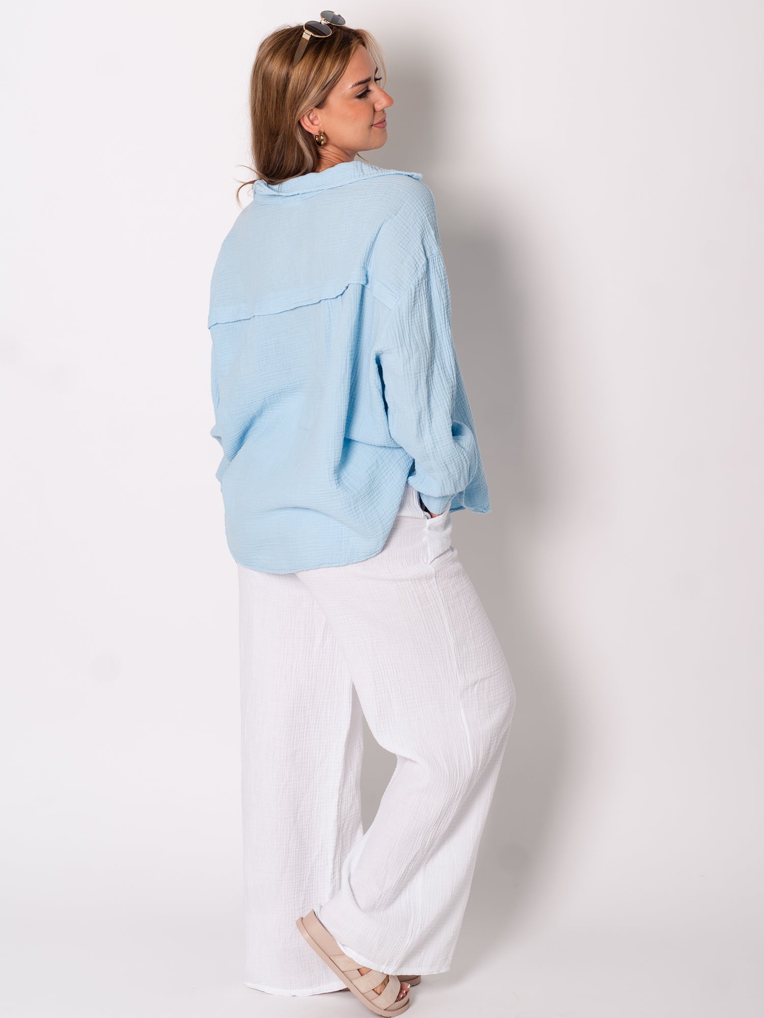 Midi Waffle Bluse - Hellblau