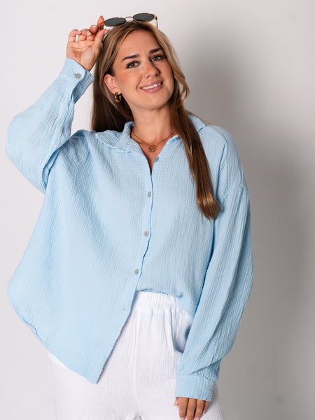 Midi Waffle Bluse - Hellblau
