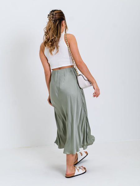B-Ware 338. Satin Midi Rock - Salbei