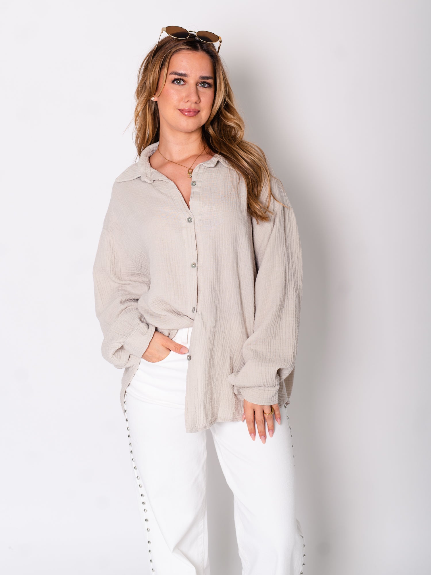 Midi Waffle Bluse - Beige