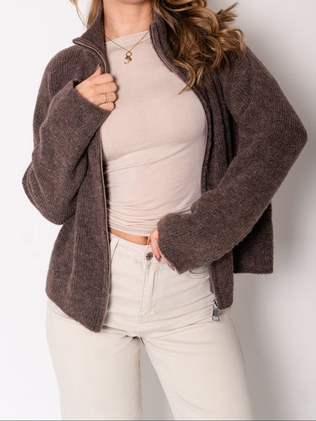 Zip Up Uni Cardigan - Coffee